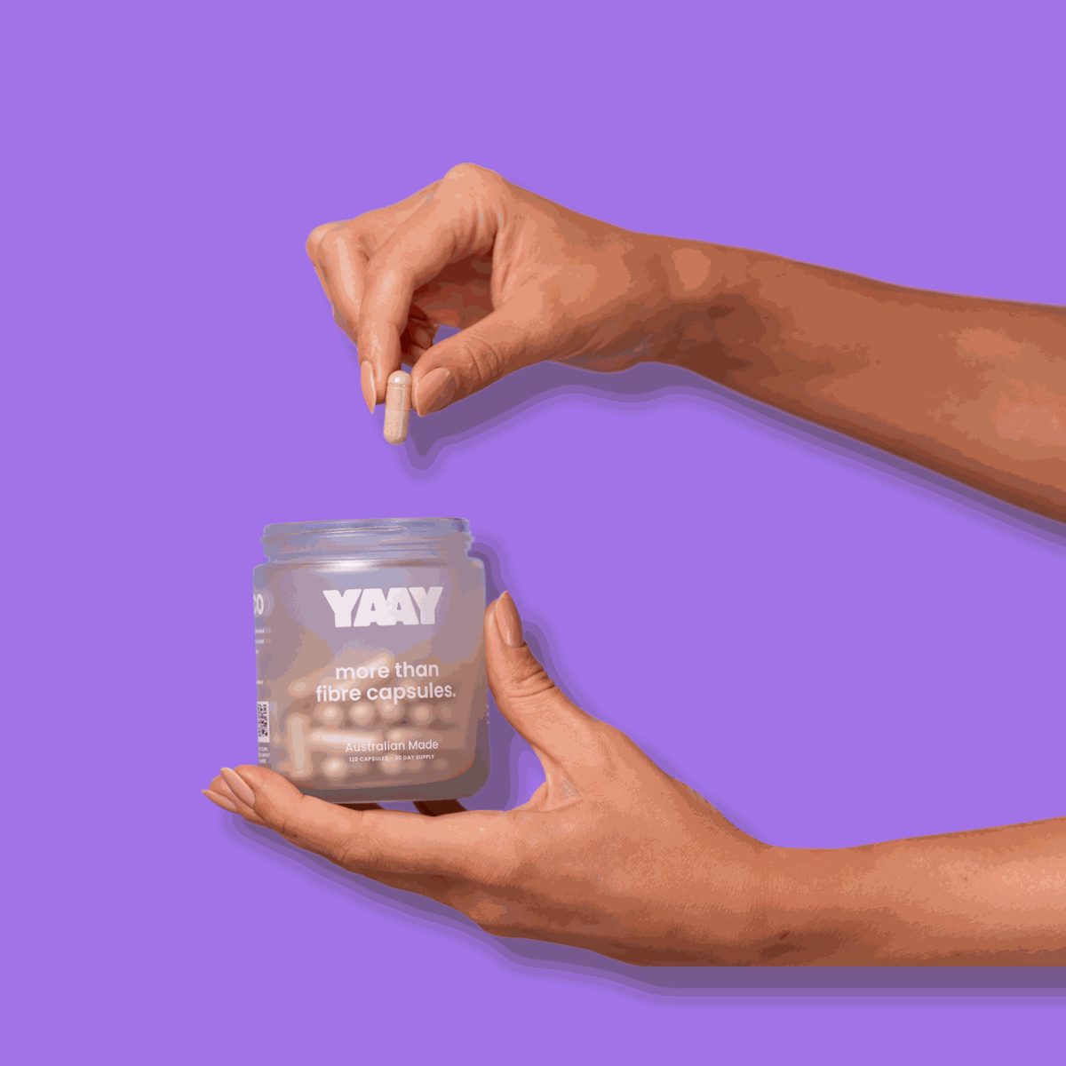 Jar of the YAAY More Than Fibre Capsules showcasing a 30 day supply