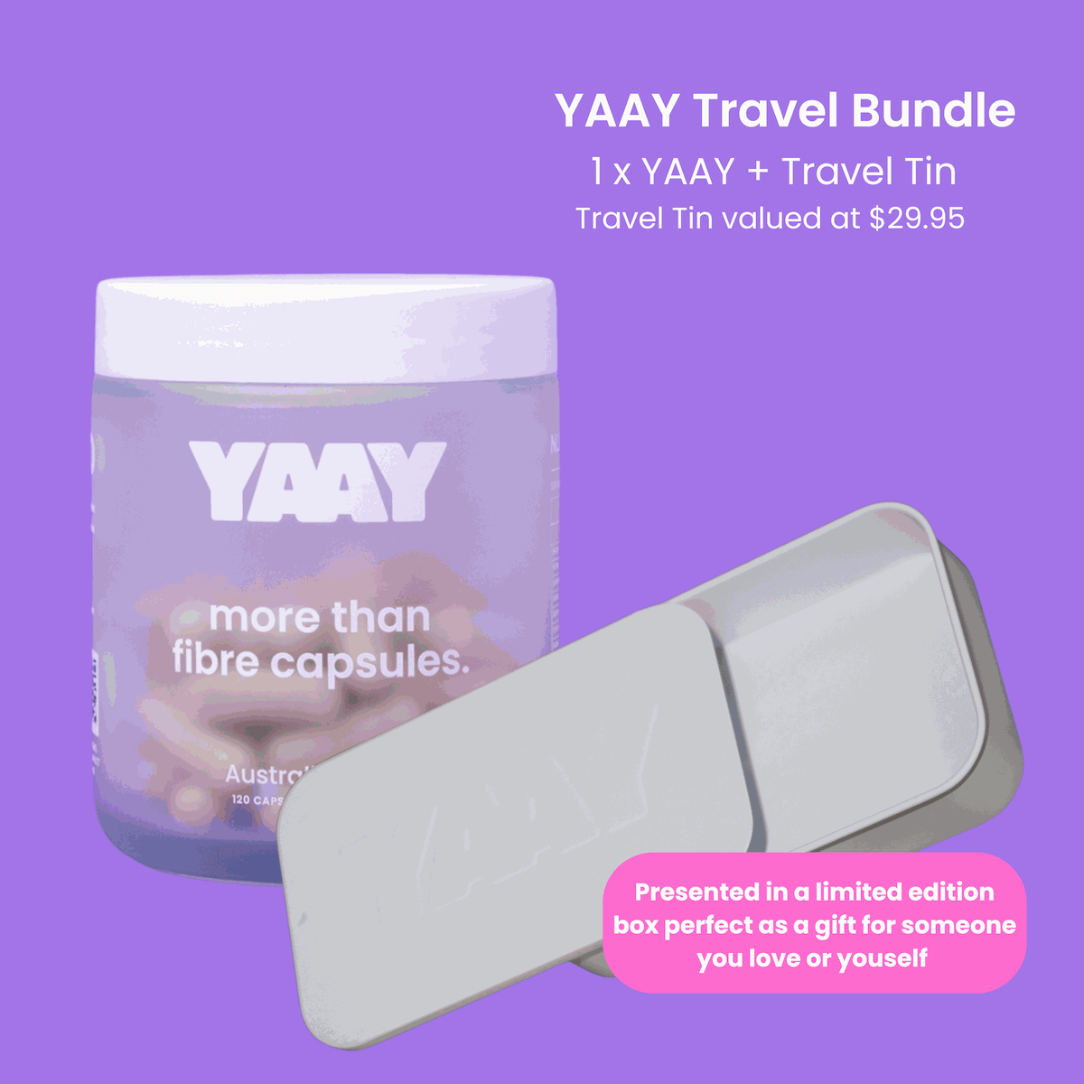 YAAY Travel Kit featuring aluminum tin and a 30 day supply of the YAAY More Than Fibre Capsules